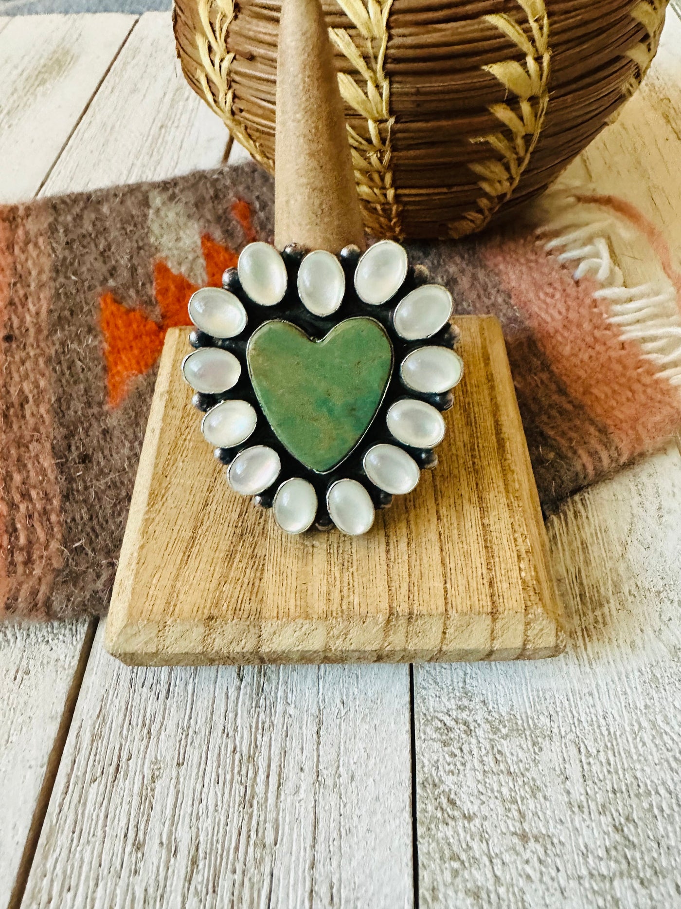 Navajo Sterling Silver , Mother of Pearl & Turquoise Heart Ring Size 10
