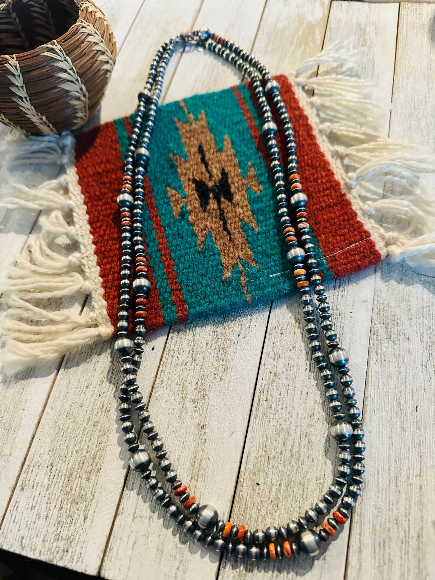 Navajo Orange Spiny & Sterling Silver Beaded Necklace 60”