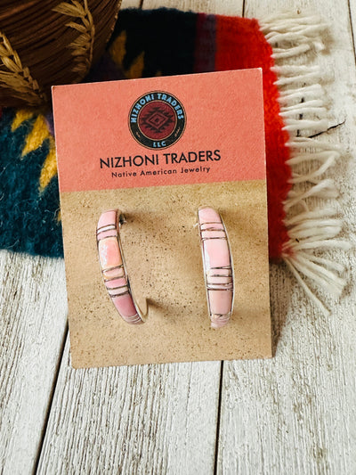 Navajo Mother of Pearl & Sterling Silver Inlay Cresent Hoop Earrings