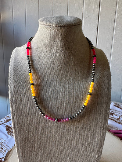 Handmade Navajo Pearl Style Sterling Silver & Orange & Pink Fire Opal Beaded Necklace