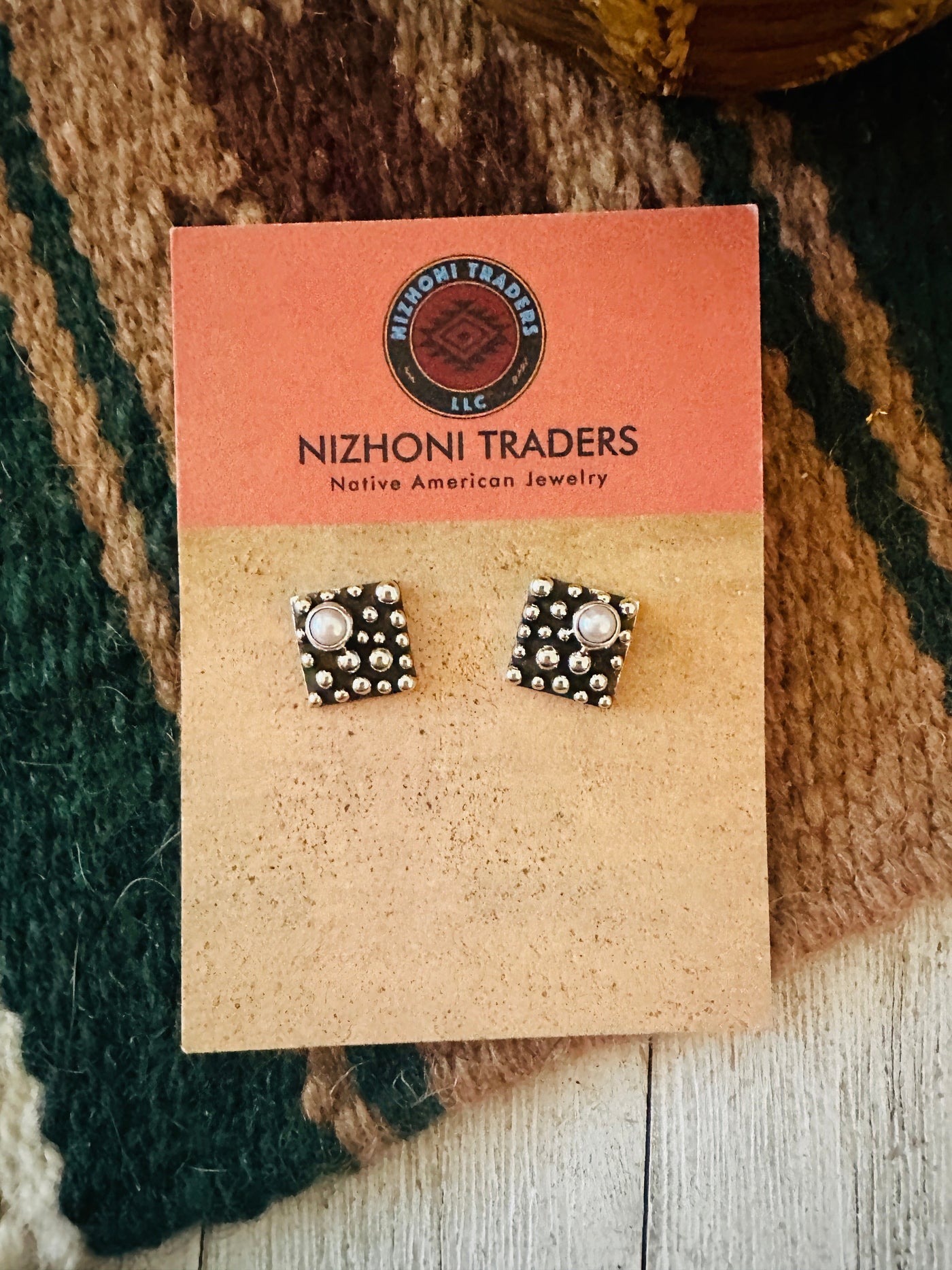 Navajo Sterling Silver & Natural Pearl Square Stud Earrings Signed