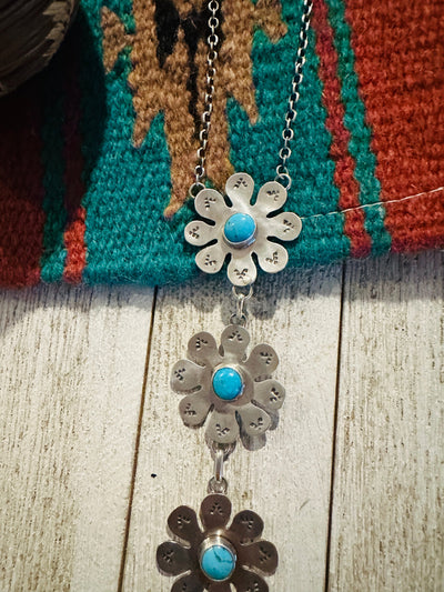 Navajo Sterling Silver & Turquoise Flower Lariat Necklace