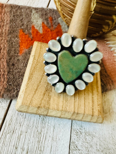 Navajo Sterling Silver , Mother of Pearl & Turquoise Heart Ring Size 10