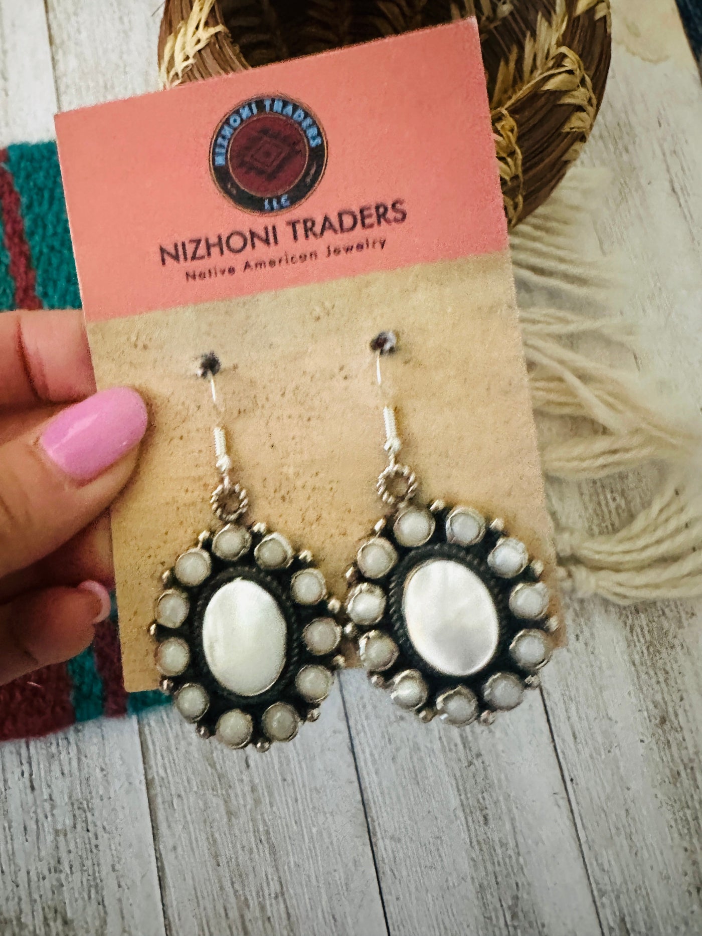 Navajo Mother of Pearl & Sterling Silver Cluster Dangle Earrings