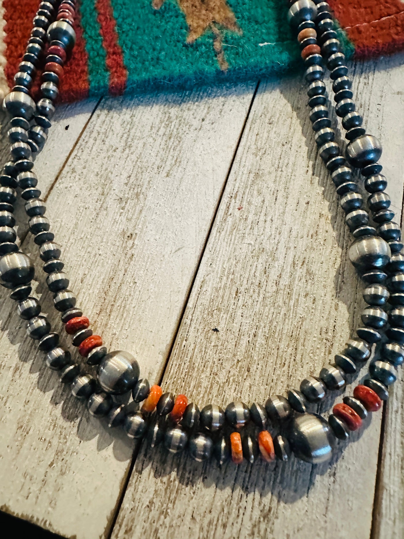 Navajo Orange Spiny & Sterling Silver Beaded Necklace 60”