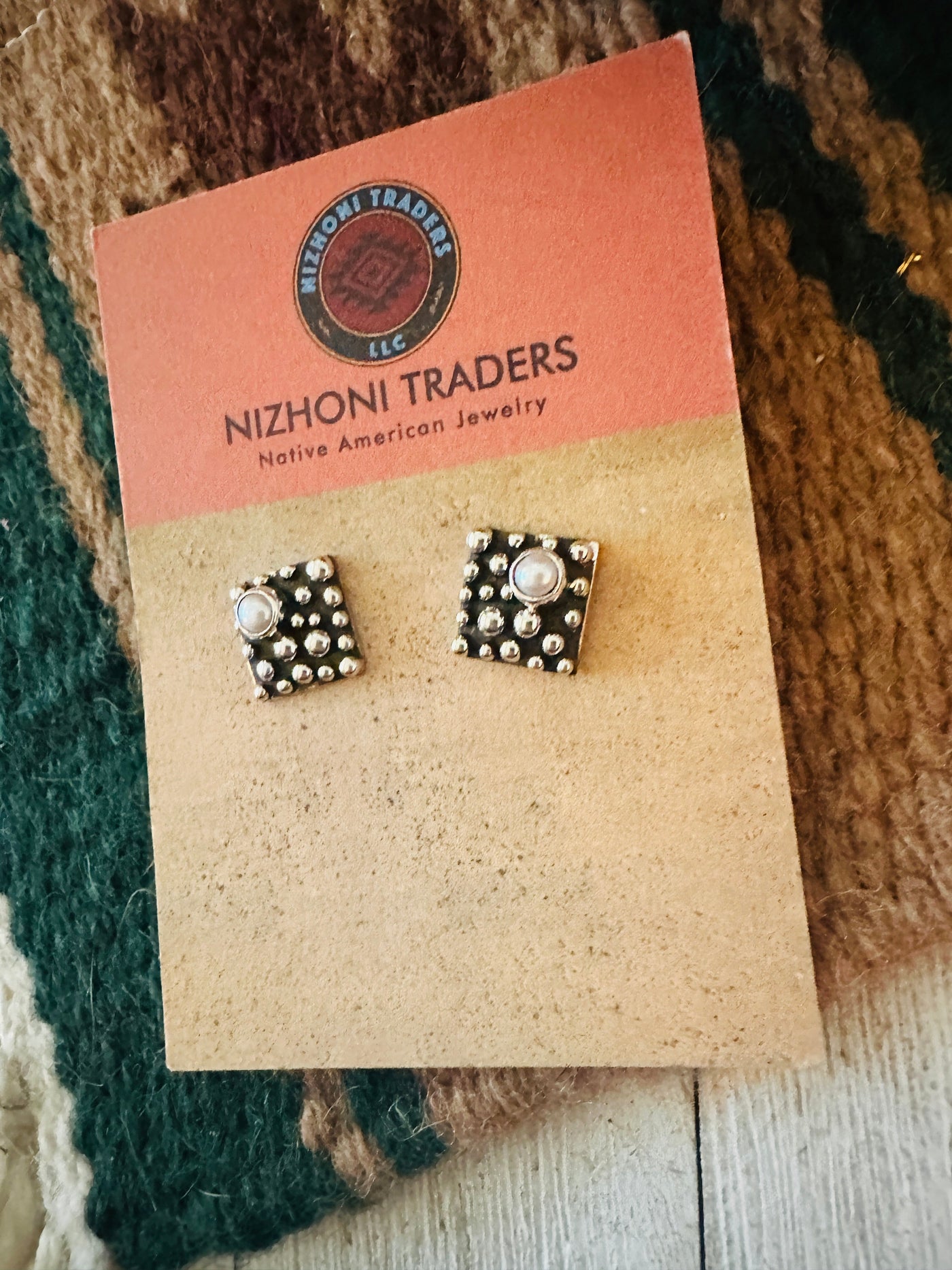 Navajo Sterling Silver & Natural Pearl Square Stud Earrings Signed