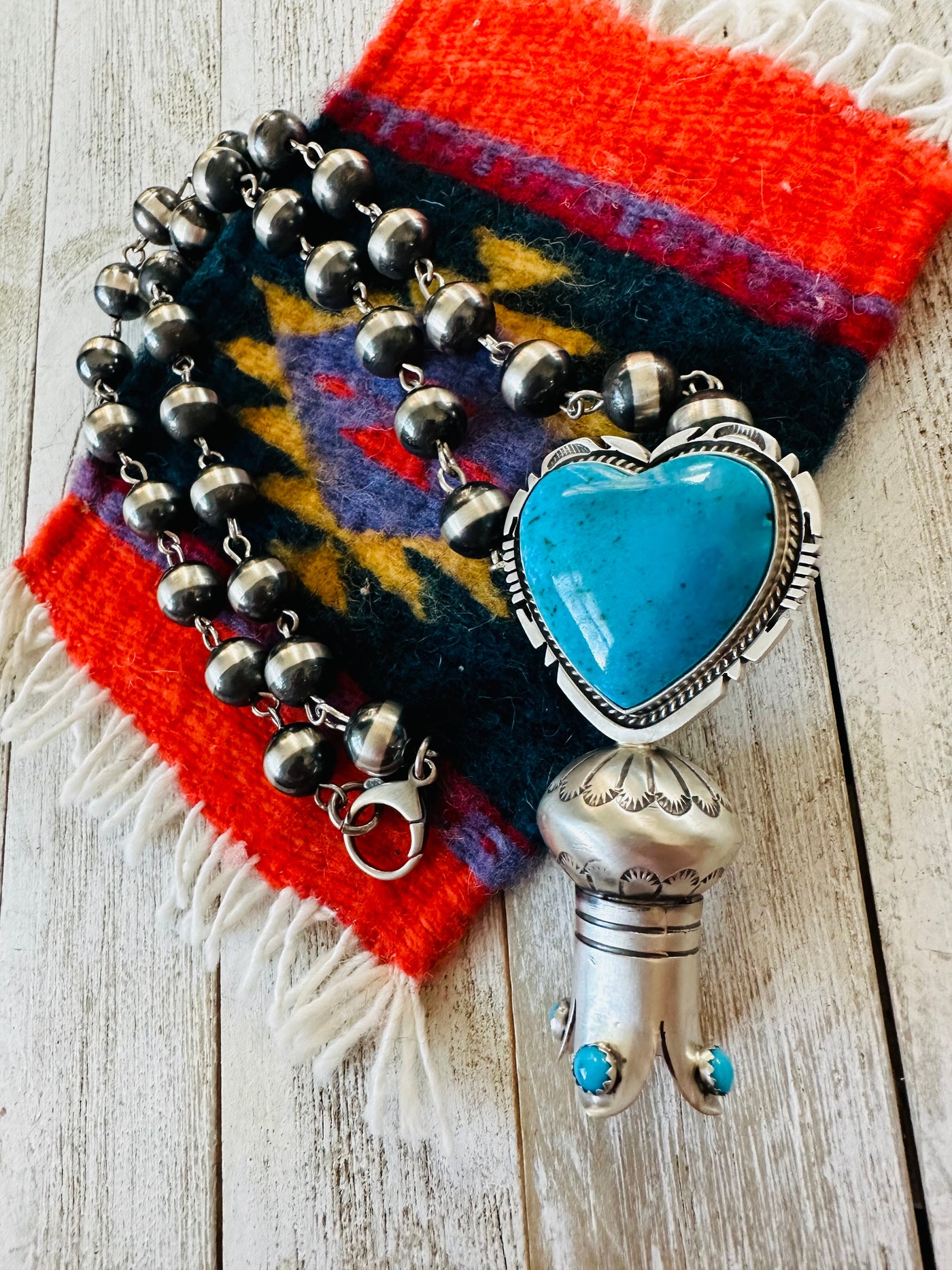 Navajo Sterling Silver & Turquoise Heart Blossom Beaded Necklace