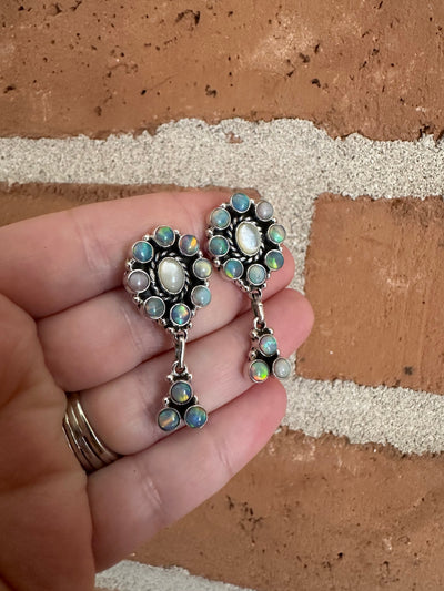 Handmade Sterling Silver, Mother of Pearl & Pink Opal Dangle Earrings