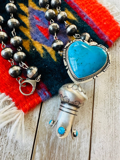 Navajo Sterling Silver & Turquoise Heart Blossom Beaded Necklace