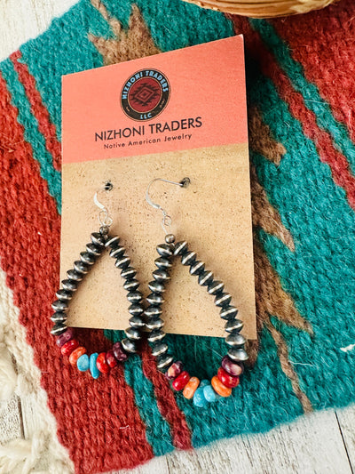 Navajo Sterling Silver Pearl & Multi Stone Dangle Hoop Earrings