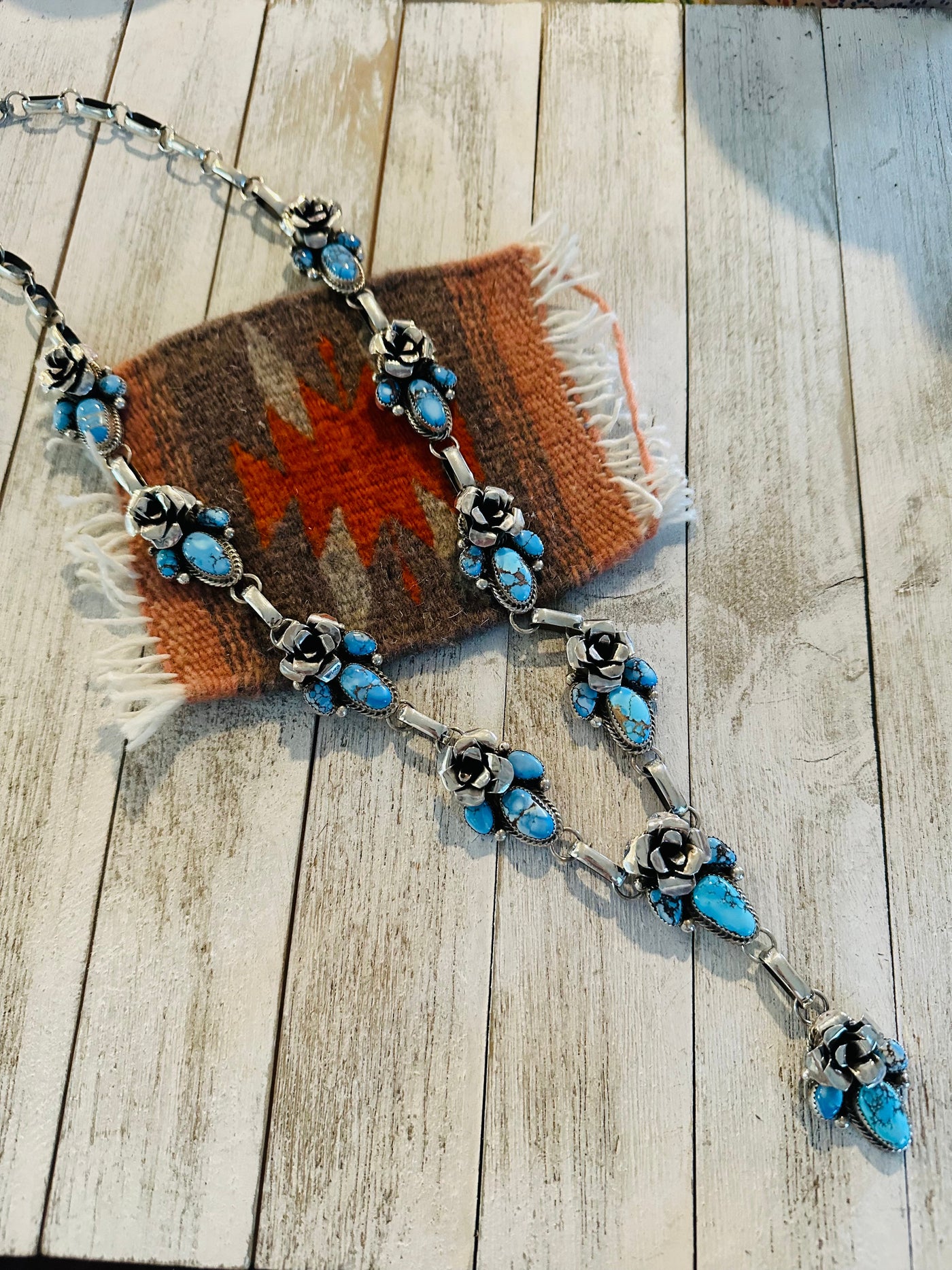 Navajo Sterling Silver & Golden Hills Turquoise Flower Necklace