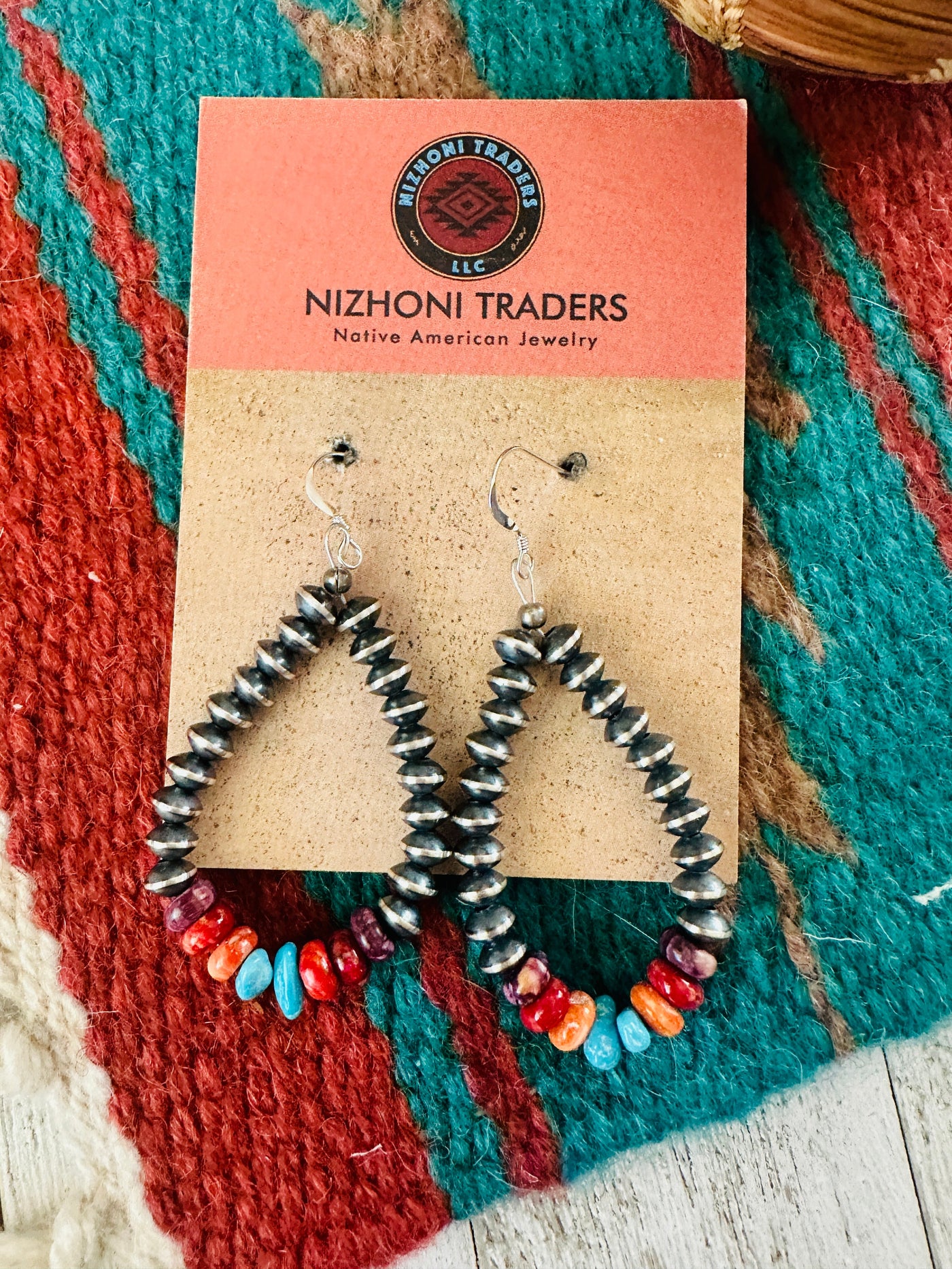 Navajo Sterling Silver Pearl & Multi Stone Dangle Hoop Earrings