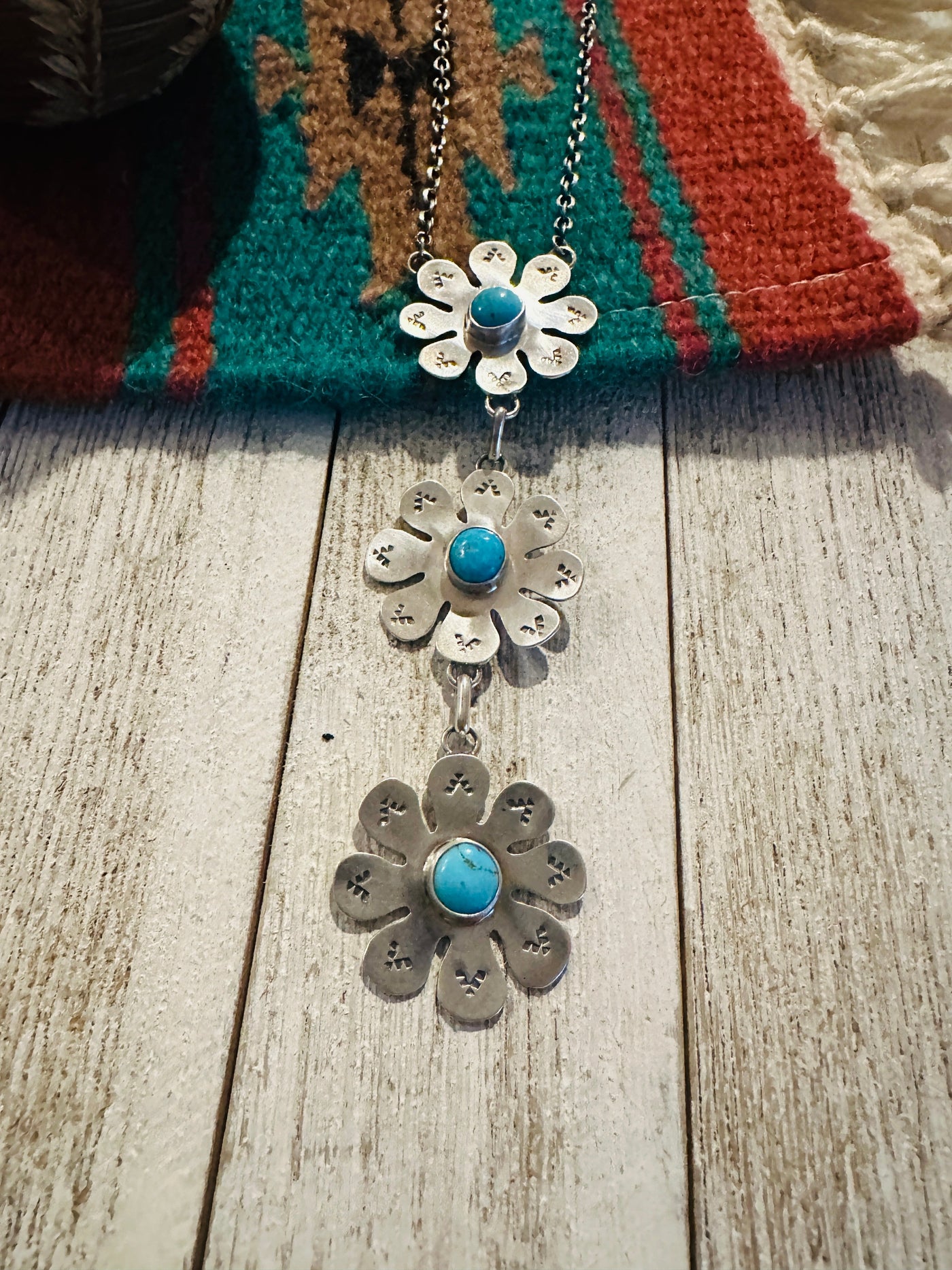 Navajo Sterling Silver & Turquoise Flower Lariat Necklace