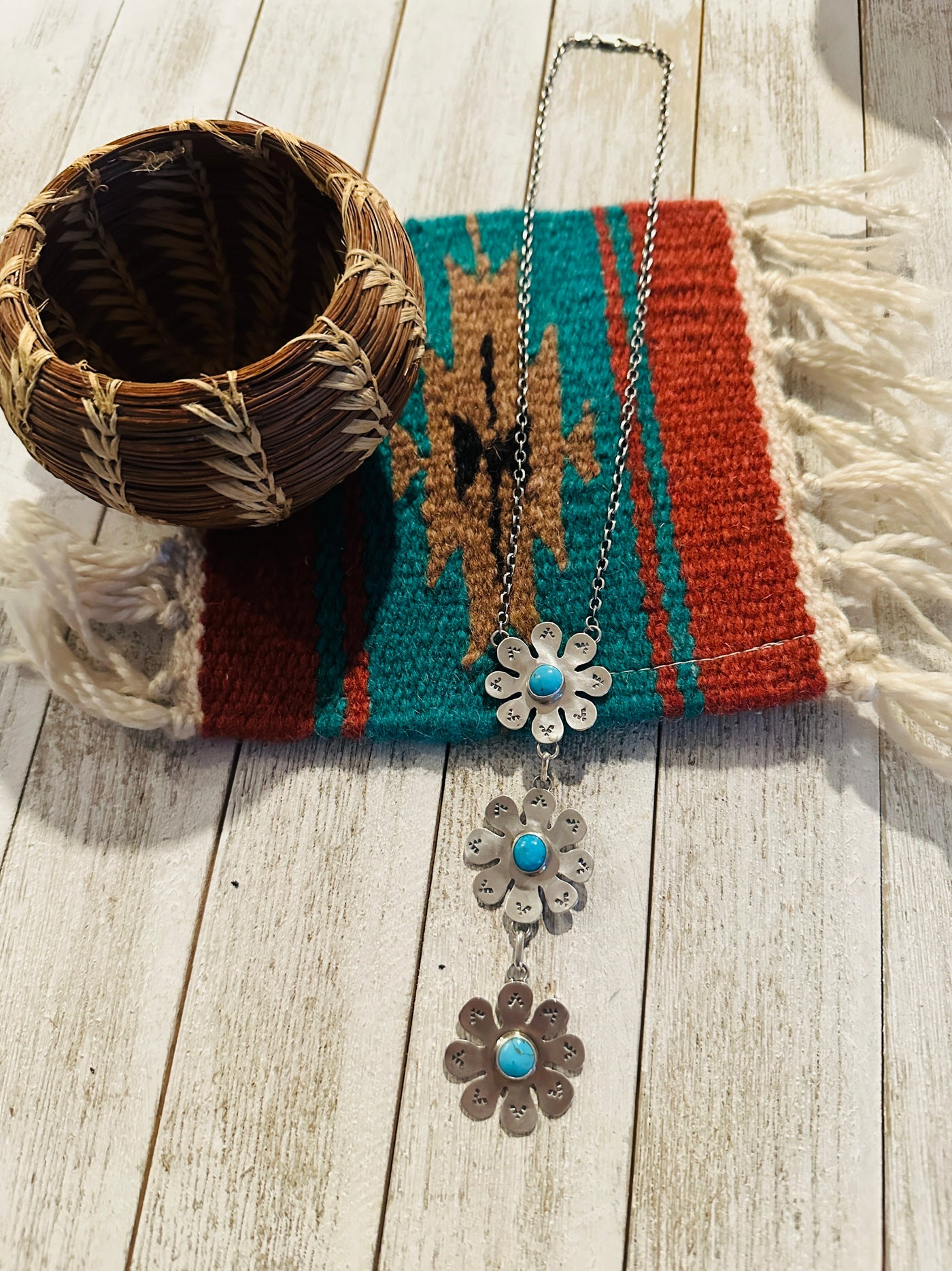 Navajo Sterling Silver & Turquoise Flower Lariat Necklace