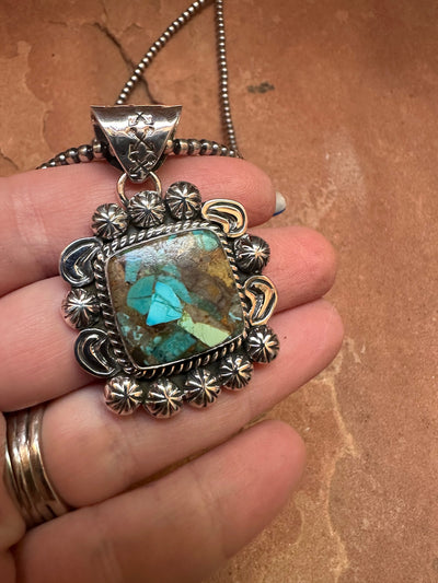 Handmade Sterling Silver & Royston Turquoise Square Pendant