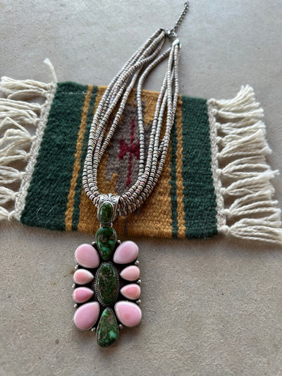 Beautiful Navajo Sterling Silver, Pink Conch & Sonoran Turquoise Beaded Necklace With Pendant Signed P Yazzie
