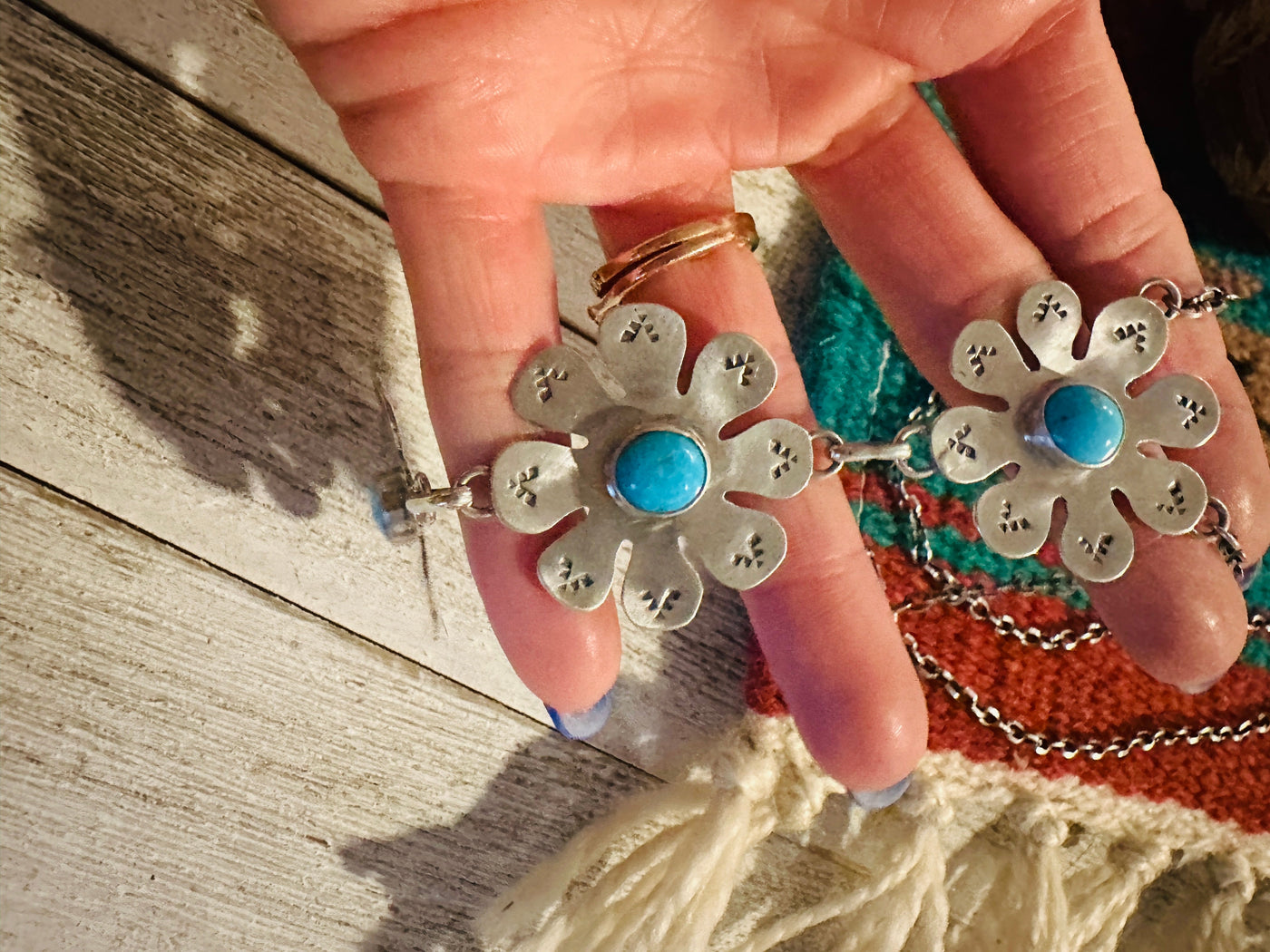 Navajo Sterling Silver & Turquoise Flower Lariat Necklace