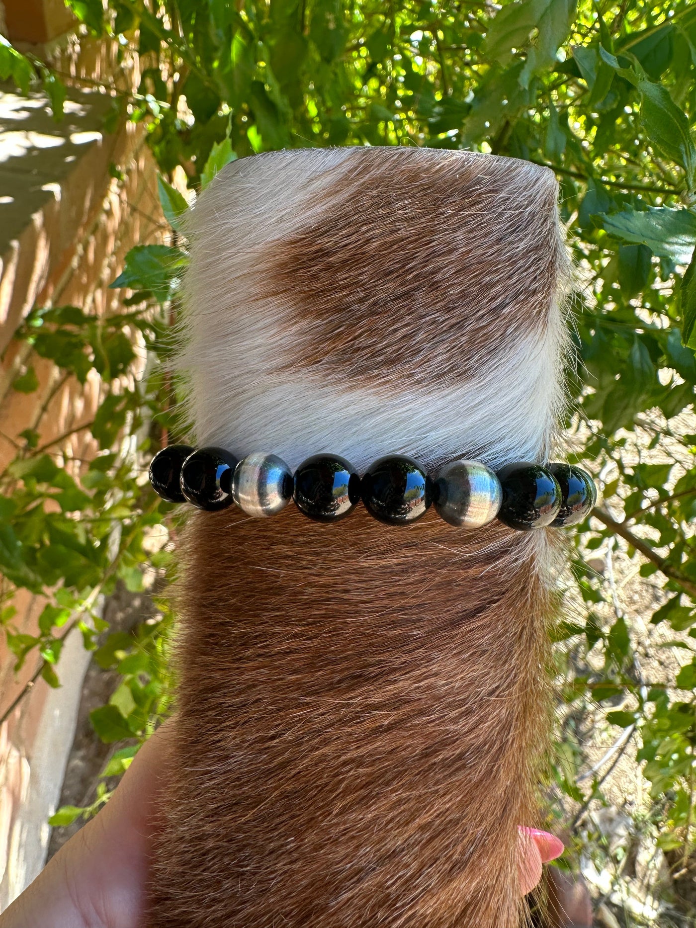 Navajo 6mm Sterling Silver Pearl & Black Onyx Beaded Bracelet