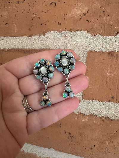 Handmade Sterling Silver, Mother of Pearl & Pink Opal Dangle Earrings