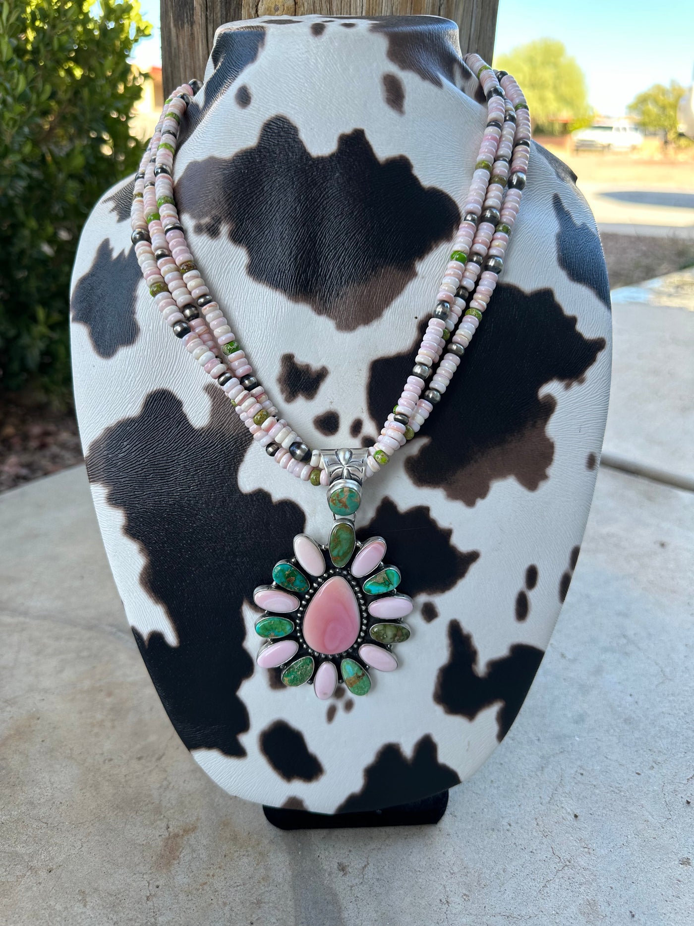 P Yazzie Navajo Sterling Silver, Pink Conch & Turquoise Beaded Necklace With Pendant Signed