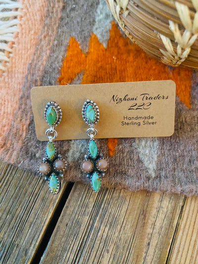 Handmade Mother of Pearl, Turquoise & Sterling Silver Dangle Earrings