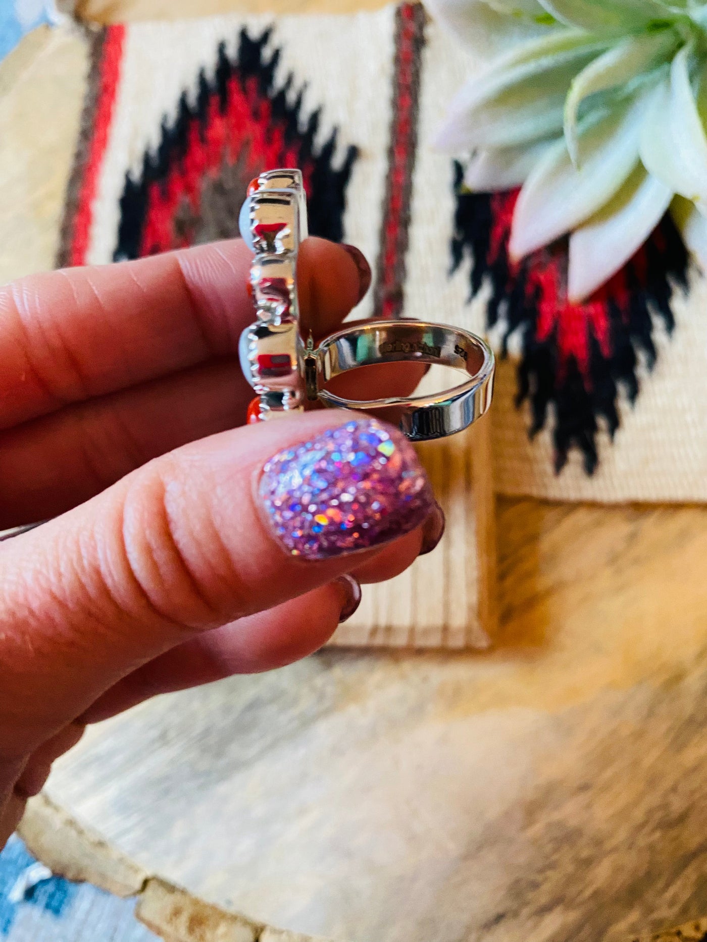 Handmade Sterling Silver, Turquoise, Coral & Pearl Cluster Adjustable Ring