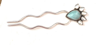 Handmade Larimar, Pearl & Sterling Silver Hair Pin