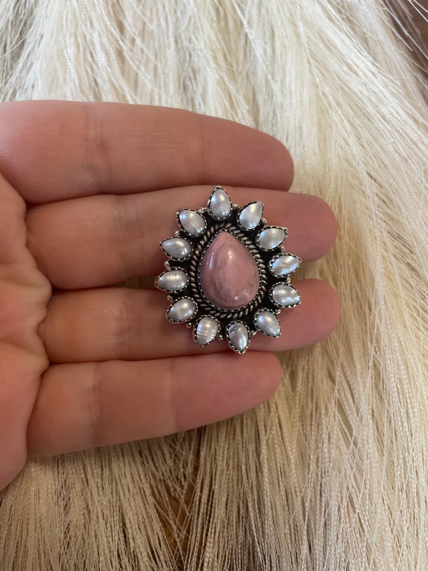 Handmade Sterling Silver, Mother of Pearl & Rhodochrosite Cluster Adjustable Ring Signed Nizhoni