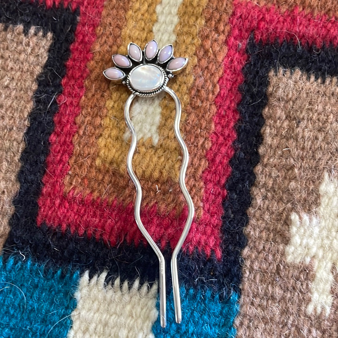 Handmade Mother of Pearl, Pink Conch & Sterling Silver Hair Pin