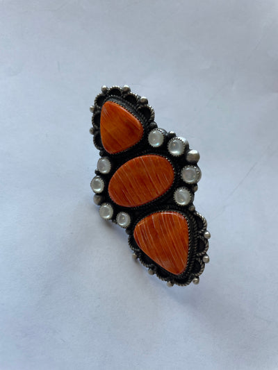 Devon Brown Navajo Sterling, Mother of Pearl Orange Spiny ring adjustable